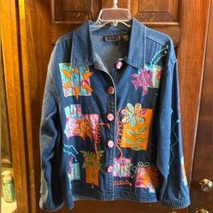 Life Style embroidered Denim wooden-button Jacket size XL Vintage, EUC